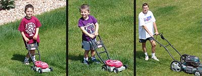 Boys mowing lawn